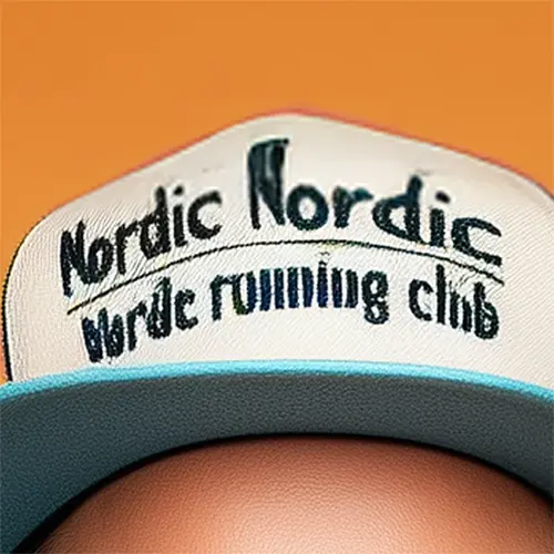 Close-up of a cap logo with distorted letters (AI text artifact).