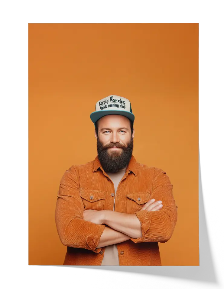 AI detection example showing distorted text on a cap and an extra button on a jacket.