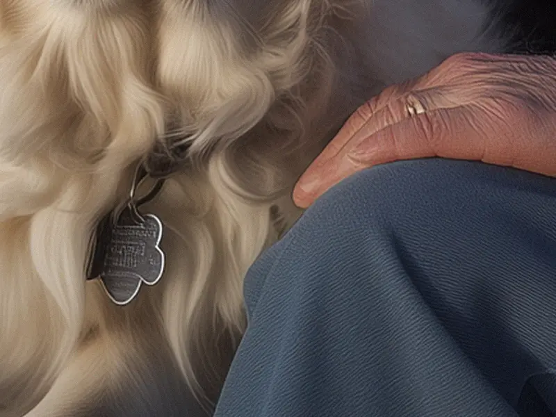 Close-up of a dog tag with distorted, unreadable text, a common AI-generated detail error