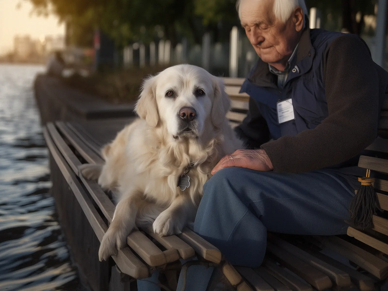 AI-generated photo of an elderly man sitting on a bench with a golden retriever, with subtle inconsistencies in the bench slats and details