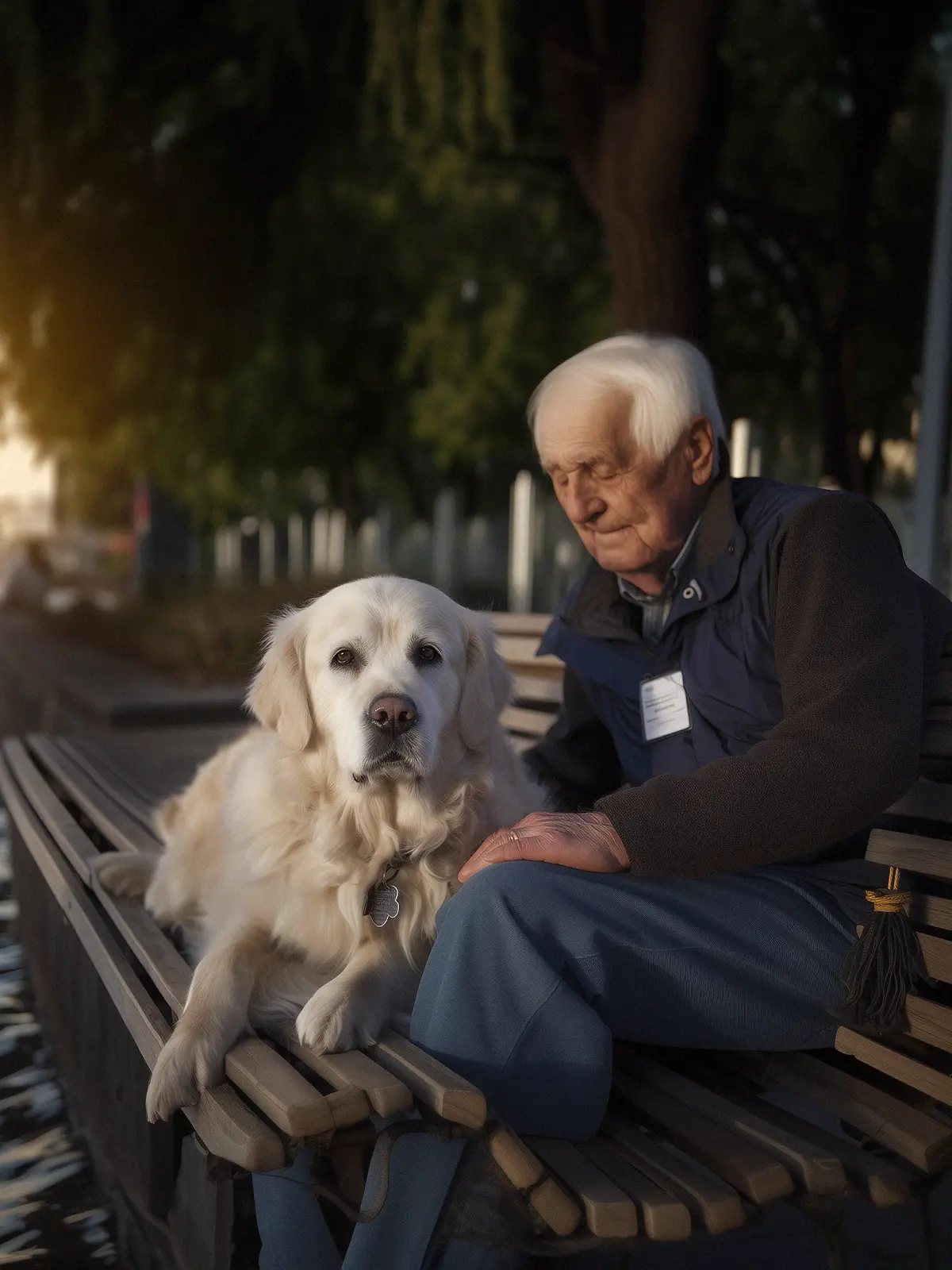 AI-generated photo of an elderly man sitting on a bench with a golden retriever, with subtle inconsistencies in the bench slats and details