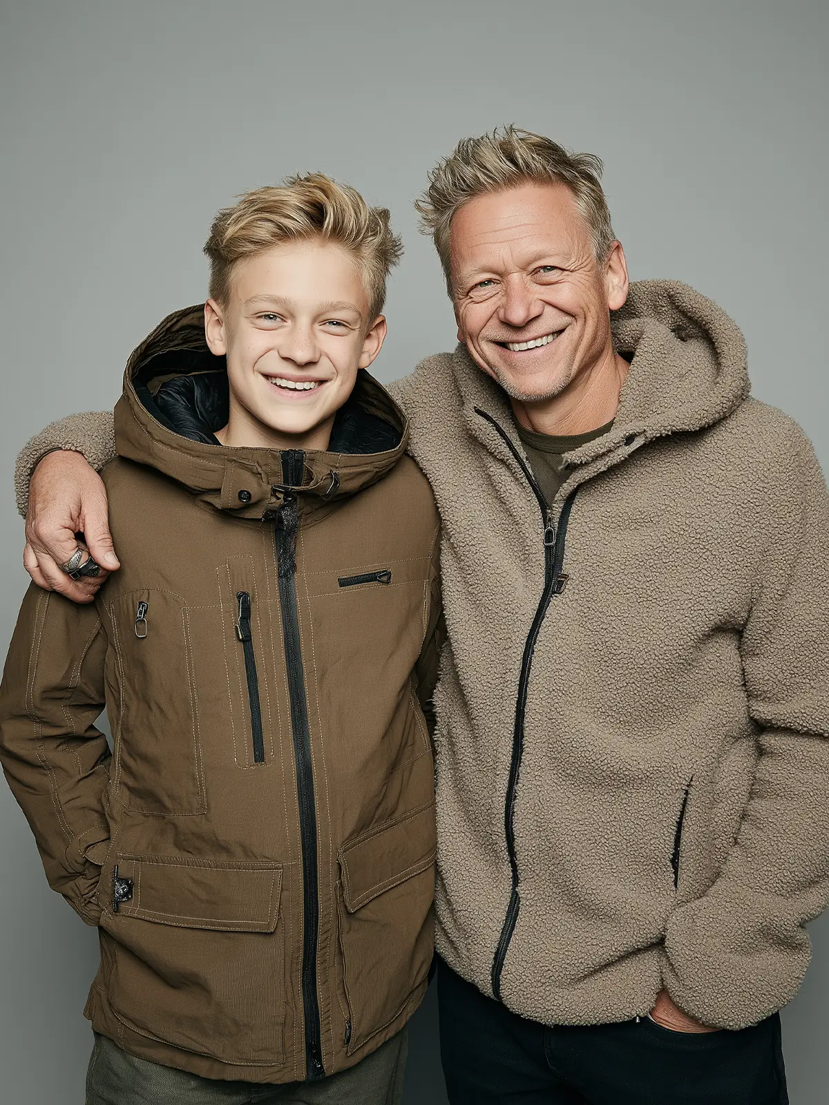 AI-generated studio portrait of a smiling man and a boy standing together, with subtle inconsistencies in the hands and clothing details