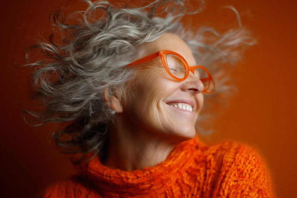 AI-generated portrait of a smiling woman with curly gray hair and orange glasses, with a subtle inconsistency in the glasses frame