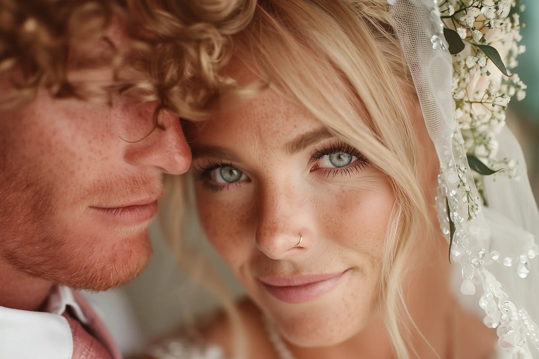 AI-generated close-up wedding portrait of a bride with a veil and floral details, with subtle inconsistencies in the fabric and facial features.