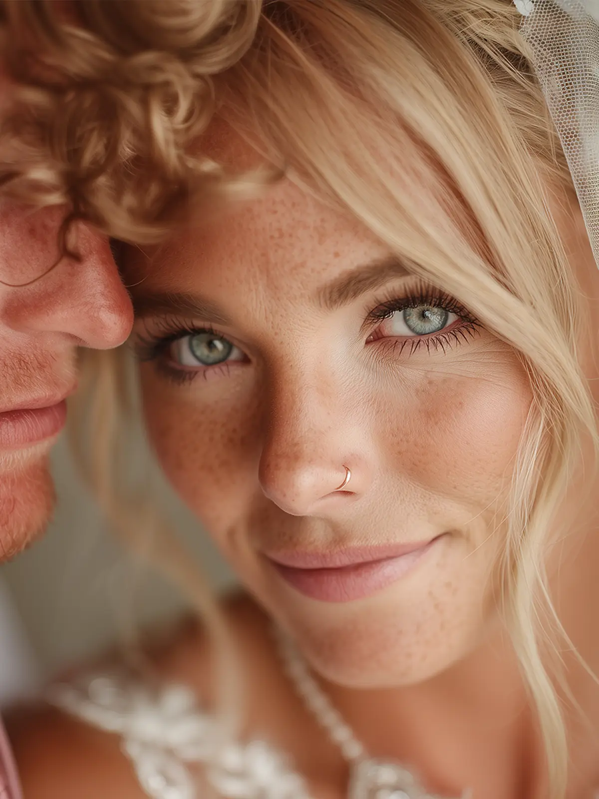 AI-generated close-up wedding portrait of a bride with a veil and floral details, with subtle inconsistencies in the fabric and facial features.