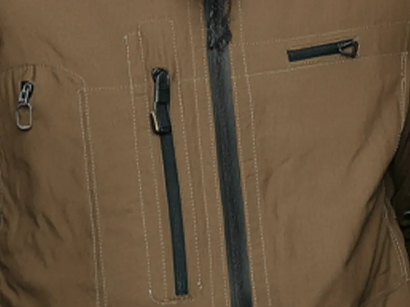 Close-up of a jacket with irregular, inconsistent stitching lines. This is a common AI-generated clothing detail error.