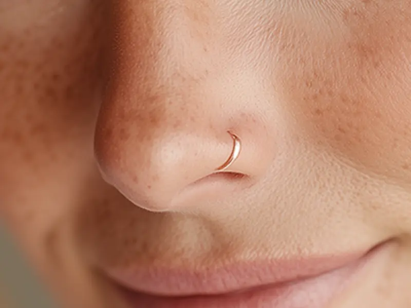 Close-up of a nose ring that doesn’t sit naturally under the nostril. A subtle AI-generated jewelry placement error.